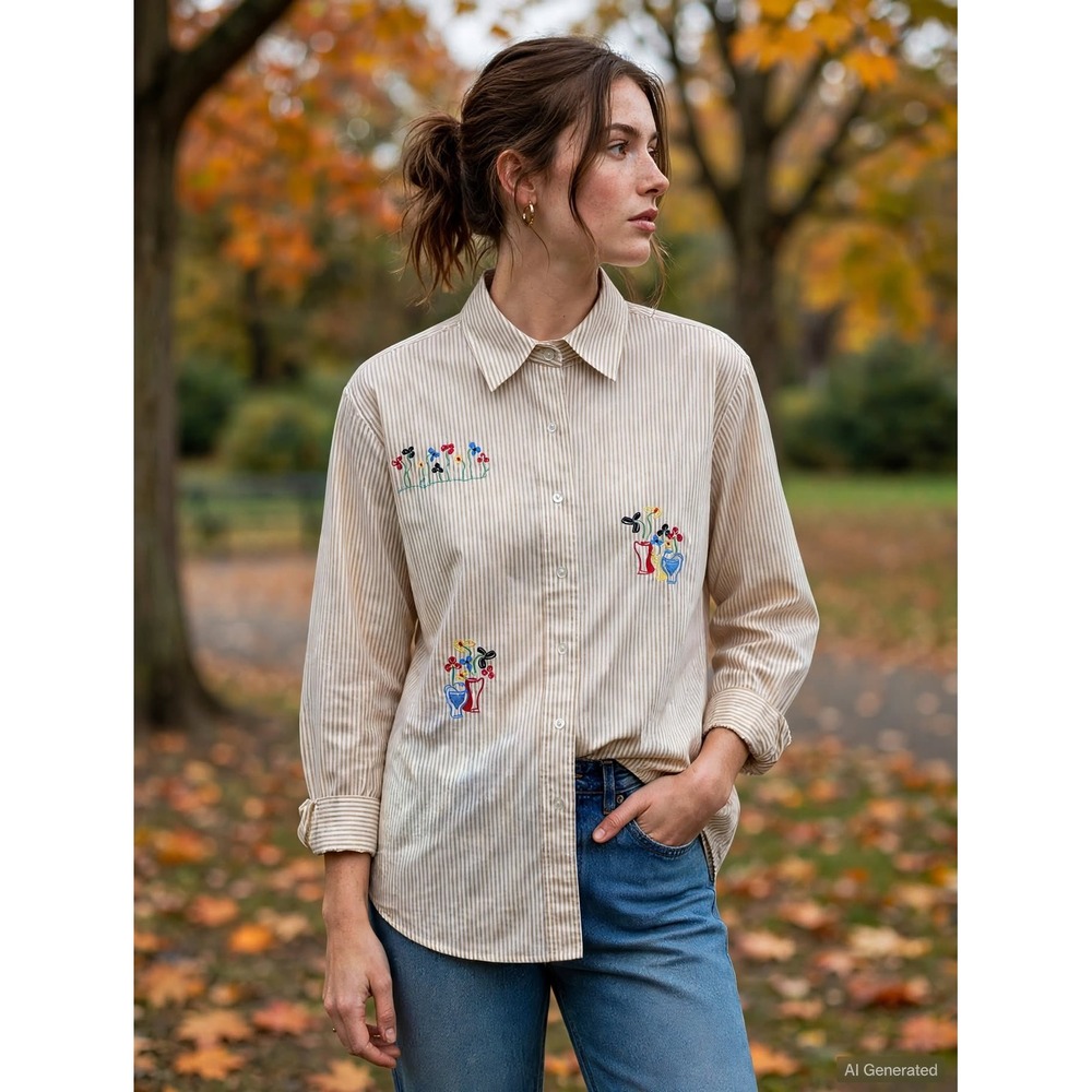 Allison Daley Tan White Striped Embroidered Floral Vase Button Down Shirt Size 8
